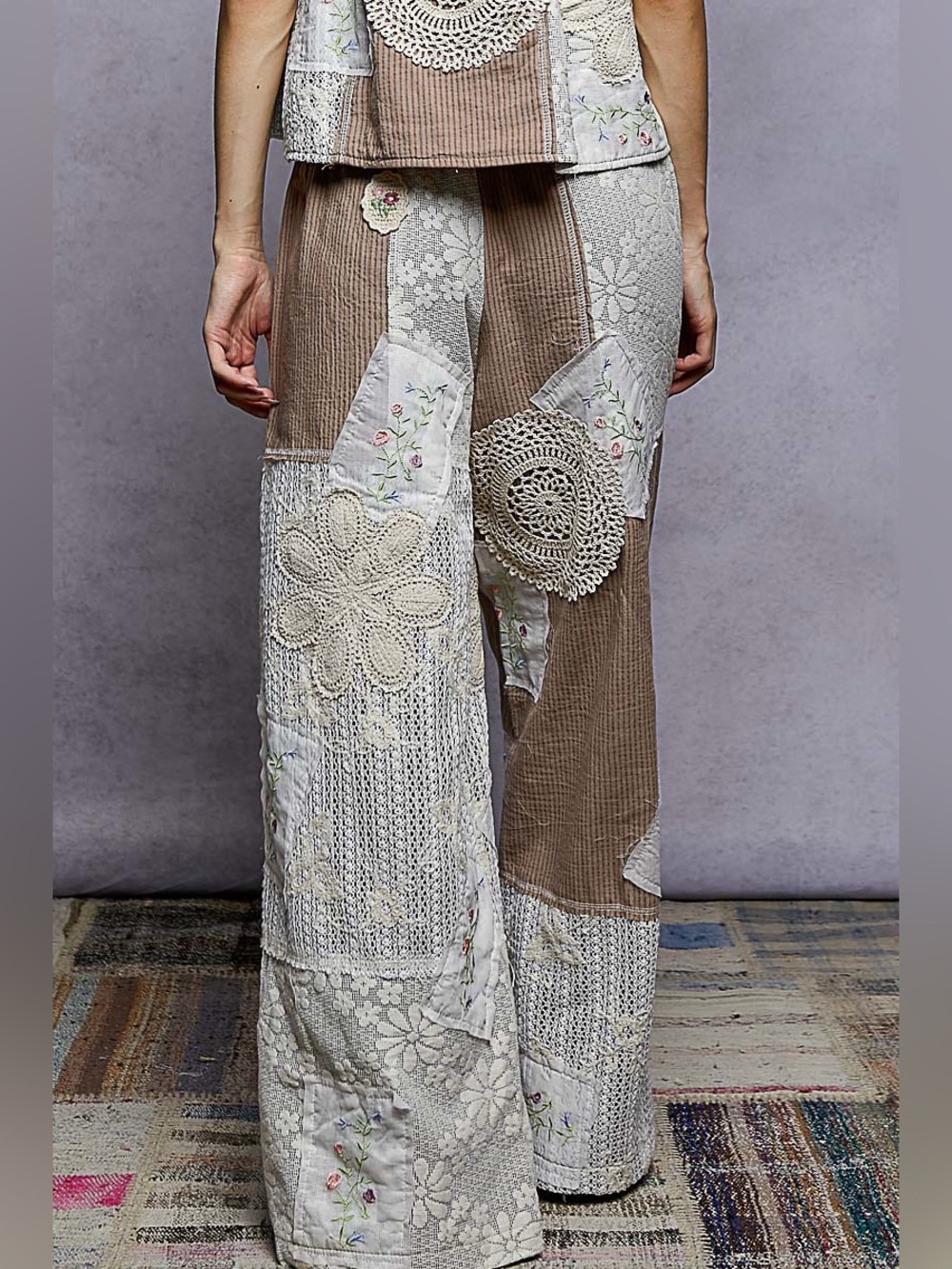 POL Patchwork Wide-Leg Pants in Beige and Cream